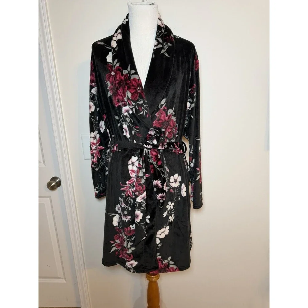 Nanette Lepore Floral Plush Bath Robe Women’s Large Black Pink